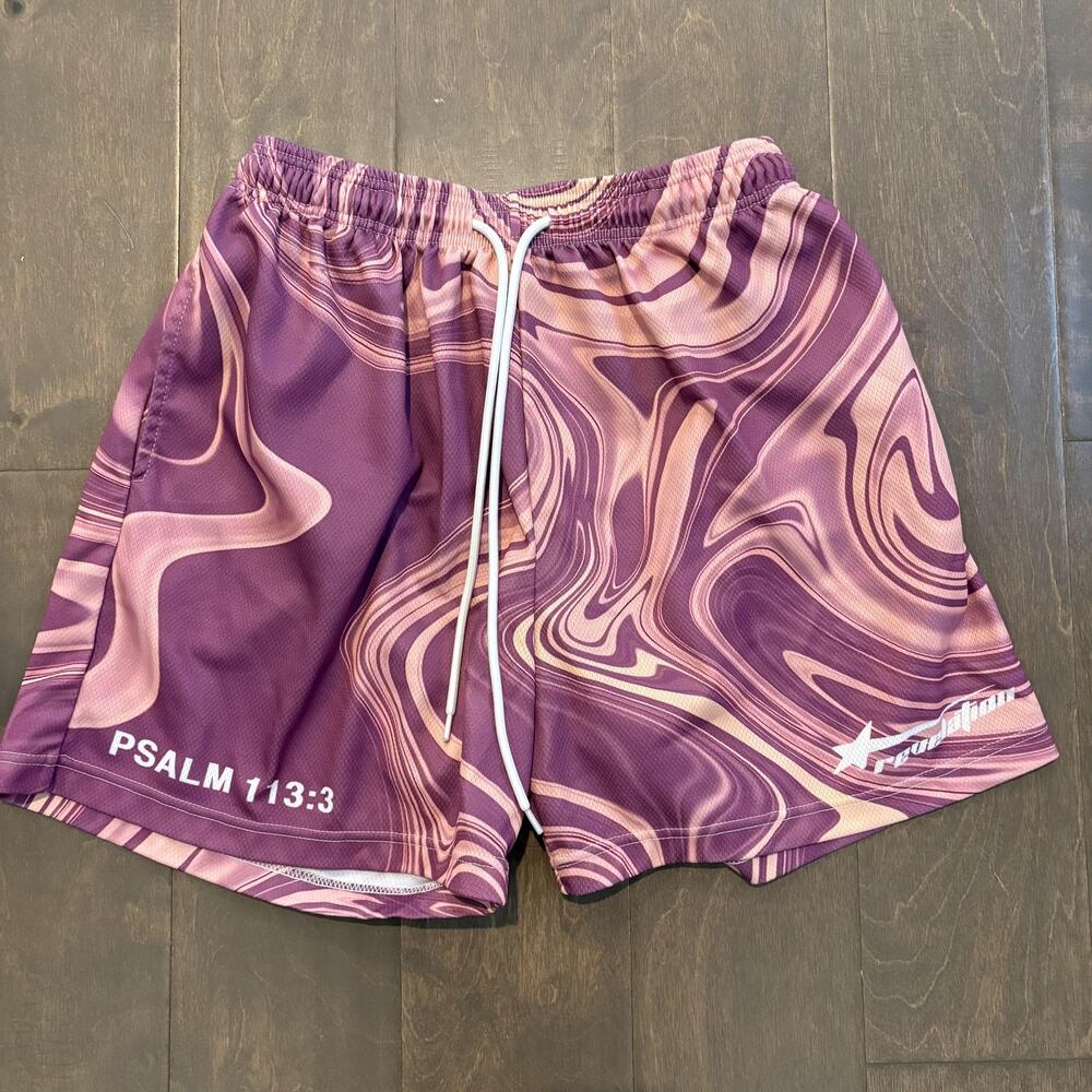Revelation Shorts‎ Medium Purple Swirl Psalm 113:3 Athletic Mesh Pockets